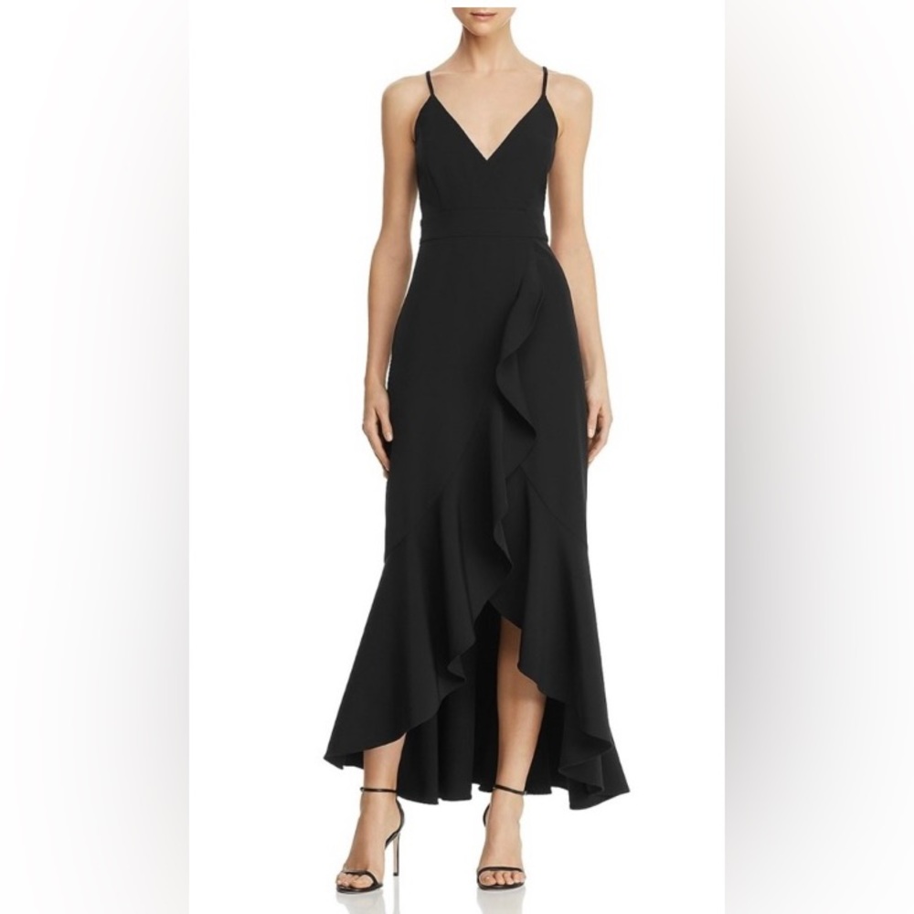 Laundry by Shelli Segal black ruffled high-low evening gown | size 10